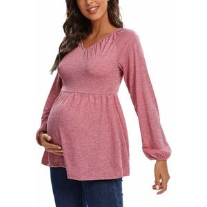Love2Mi Maternity Top Pink V-Neck Ruched High Waist Lantern Sleeve M
